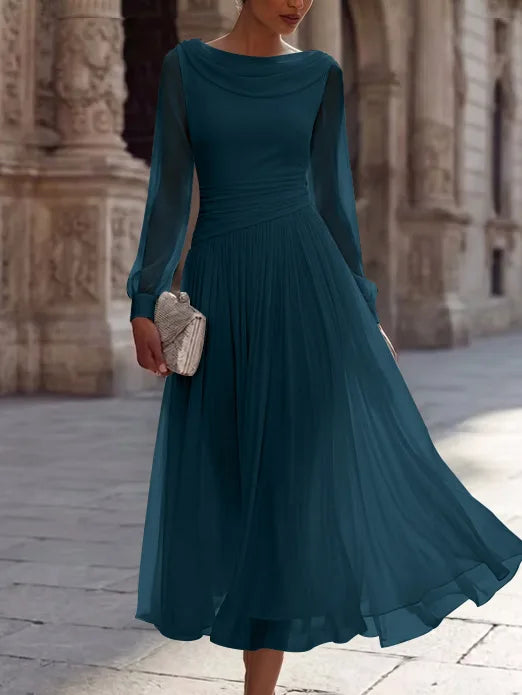 A-Line/Princess Boat Neck Chiffon Cocktail Dresses Long Sleeves Tea-Length Pleated Little White Dresses Ruched Party Dresses