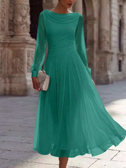 A-Line/Princess Boat Neck Chiffon Cocktail Dresses Long Sleeves Tea-Length Pleated Little White Dresses Ruched Party Dresses