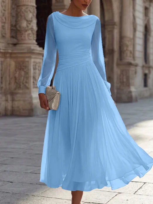 A-Line/Princess Boat Neck Chiffon Cocktail Dresses Long Sleeves Tea-Length Pleated Little White Dresses Ruched Party Dresses