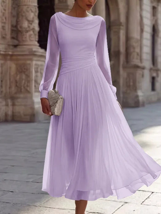 A-Line/Princess Boat Neck Chiffon Cocktail Dresses Long Sleeves Tea-Length Pleated Little White Dresses Ruched Party Dresses