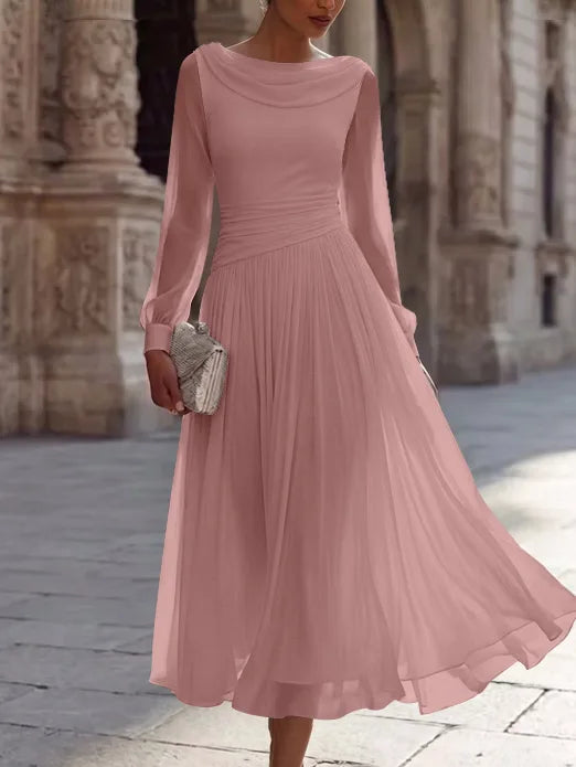 A-Line/Princess Boat Neck Chiffon Cocktail Dresses Long Sleeves Tea-Length Pleated Little White Dresses Ruched Party Dresses