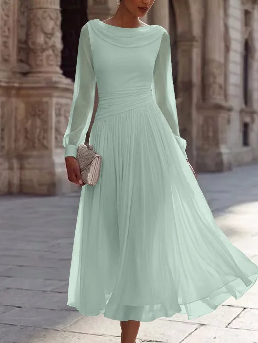 A-Line/Princess Boat Neck Chiffon Cocktail Dresses Long Sleeves Tea-Length Pleated Little White Dresses Ruched Party Dresses
