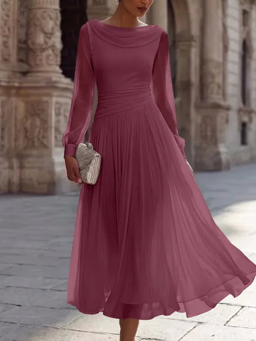 A-Line/Princess Boat Neck Chiffon Cocktail Dresses Long Sleeves Tea-Length Pleated Little White Dresses Ruched Party Dresses