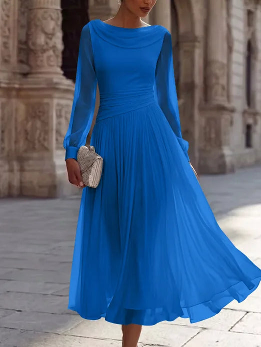 A-Line/Princess Boat Neck Chiffon Cocktail Dresses Long Sleeves Tea-Length Pleated Little White Dresses Ruched Party Dresses