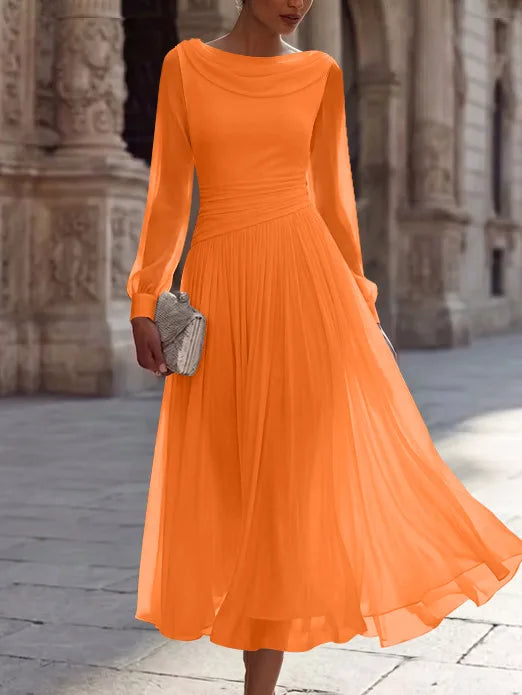 A-Line/Princess Boat Neck Chiffon Cocktail Dresses Long Sleeves Tea-Length Pleated Little White Dresses Ruched Party Dresses