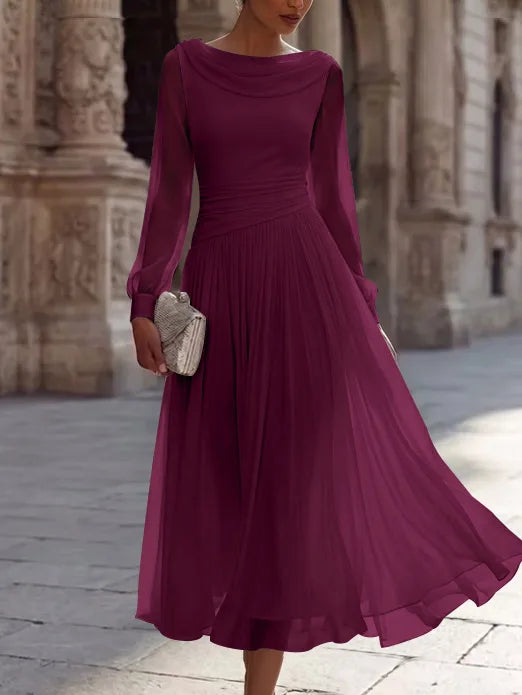 A-Line/Princess Boat Neck Chiffon Cocktail Dresses Long Sleeves Tea-Length Pleated Little White Dresses Ruched Party Dresses