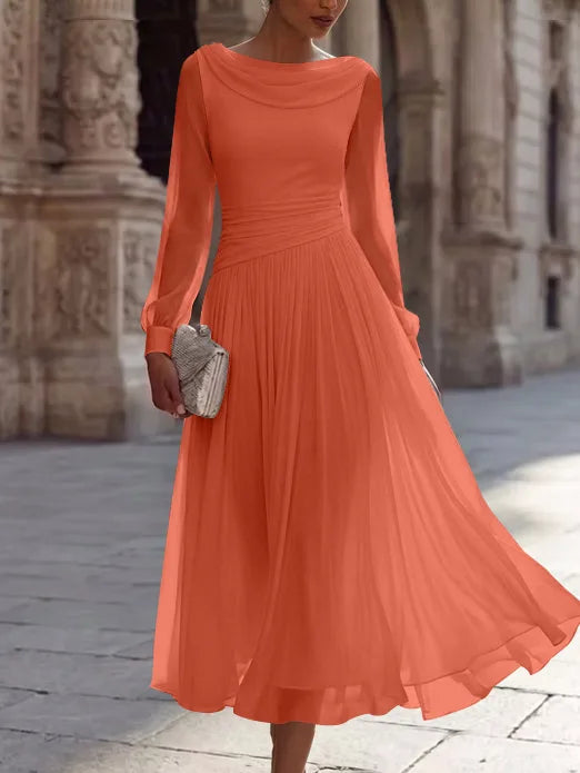 A-Line/Princess Boat Neck Chiffon Cocktail Dresses Long Sleeves Tea-Length Pleated Little White Dresses Ruched Party Dresses