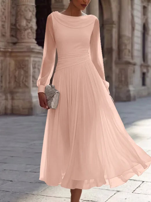 A-Line/Princess Boat Neck Chiffon Cocktail Dresses Long Sleeves Tea-Length Pleated Little White Dresses Ruched Party Dresses