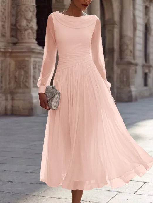 A-Line/Princess Boat Neck Chiffon Cocktail Dresses Long Sleeves Tea-Length Pleated Little White Dresses Ruched Party Dresses