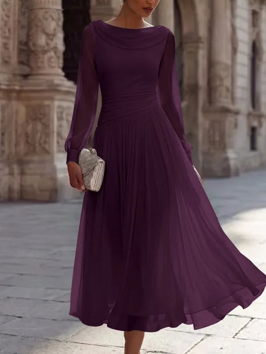 A-Line/Princess Boat Neck Chiffon Cocktail Dresses Long Sleeves Tea-Length Pleated Little White Dresses Ruched Party Dresses