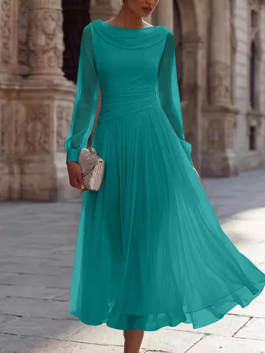 A-Line/Princess Boat Neck Chiffon Cocktail Dresses Long Sleeves Tea-Length Pleated Little White Dresses Ruched Party Dresses