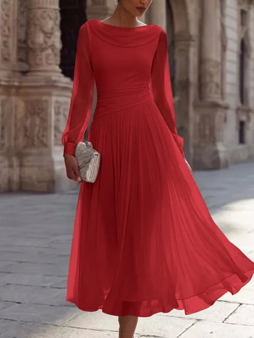 A-Line/Princess Boat Neck Chiffon Cocktail Dresses Long Sleeves Tea-Length Pleated Little White Dresses Ruched Party Dresses