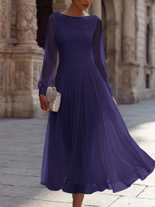 A-Line/Princess Boat Neck Chiffon Cocktail Dresses Long Sleeves Tea-Length Pleated Little White Dresses Ruched Party Dresses
