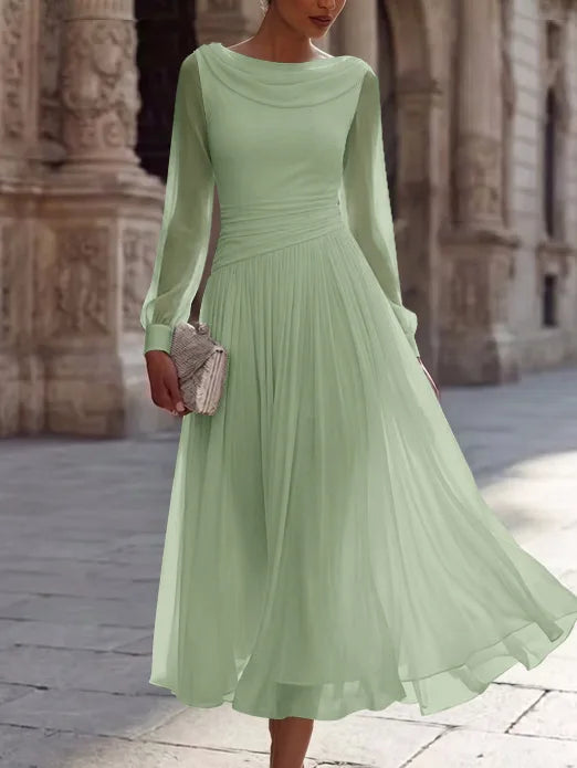 A-Line/Princess Boat Neck Chiffon Cocktail Dresses Long Sleeves Tea-Length Pleated Little White Dresses Ruched Party Dresses