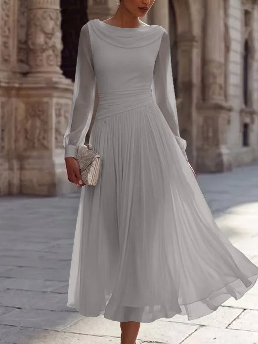 A-Line/Princess Boat Neck Chiffon Cocktail Dresses Long Sleeves Tea-Length Pleated Little White Dresses Ruched Party Dresses