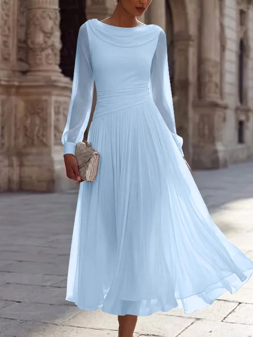 A-Line/Princess Boat Neck Chiffon Cocktail Dresses Long Sleeves Tea-Length Pleated Little White Dresses Ruched Party Dresses