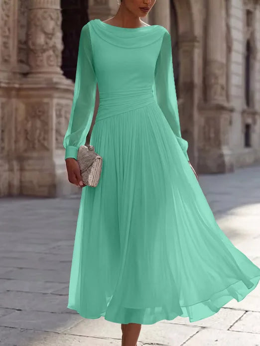 A-Line/Princess Boat Neck Chiffon Cocktail Dresses Long Sleeves Tea-Length Pleated Little White Dresses Ruched Party Dresses
