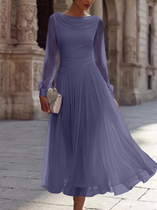 A-Line/Princess Boat Neck Chiffon Cocktail Dresses Long Sleeves Tea-Length Pleated Little White Dresses Ruched Party Dresses
