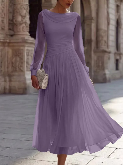 A-Line/Princess Boat Neck Chiffon Cocktail Dresses Long Sleeves Tea-Length Pleated Little White Dresses Ruched Party Dresses