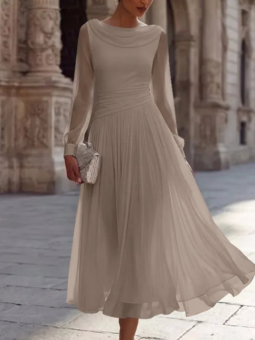 A-Line/Princess Boat Neck Chiffon Cocktail Dresses Long Sleeves Tea-Length Pleated Little White Dresses Ruched Party Dresses