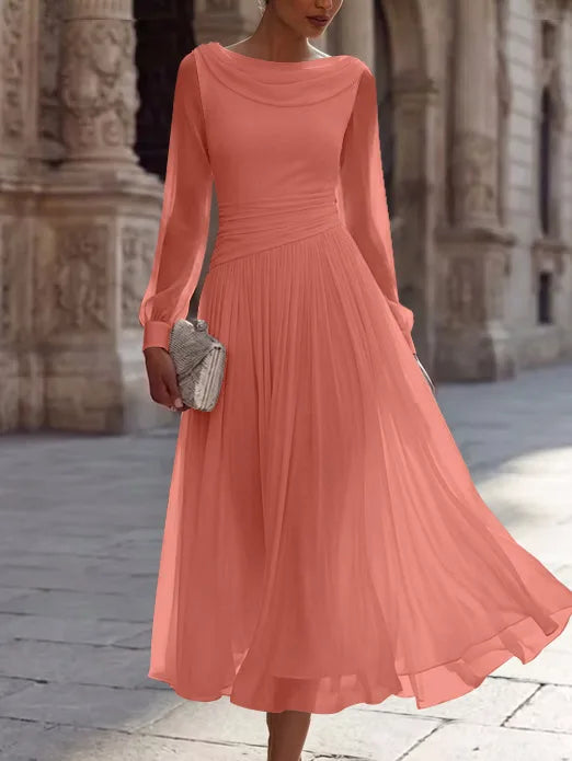 A-Line/Princess Boat Neck Chiffon Cocktail Dresses Long Sleeves Tea-Length Pleated Little White Dresses Ruched Party Dresses