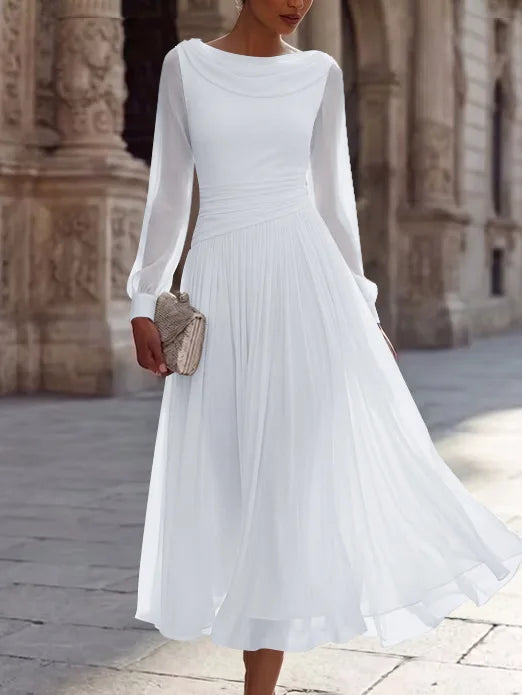 A-Line/Princess Boat Neck Chiffon Cocktail Dresses Long Sleeves Tea-Length Pleated Little White Dresses Ruched Party Dresses