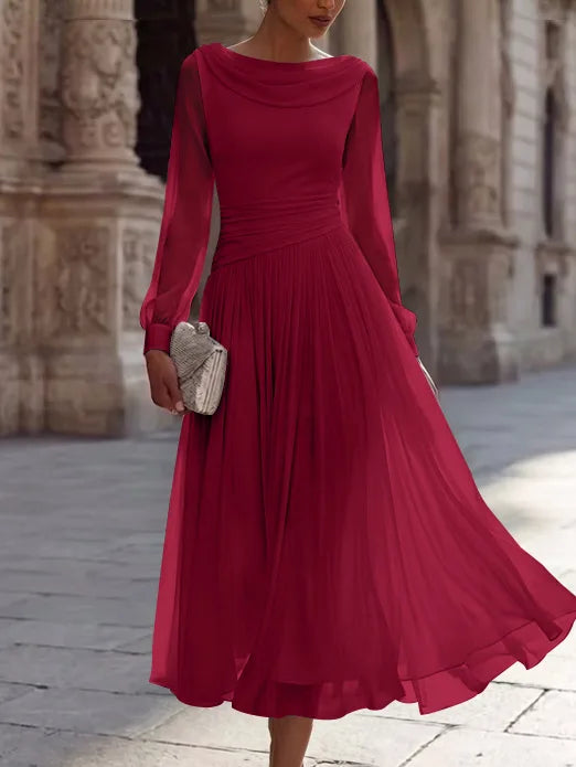 A-Line/Princess Boat Neck Chiffon Cocktail Dresses Long Sleeves Tea-Length Pleated Little White Dresses Ruched Party Dresses