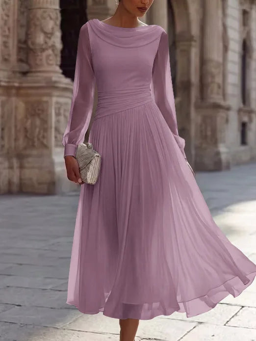 A-Line/Princess Boat Neck Chiffon Cocktail Dresses Long Sleeves Tea-Length Pleated Little White Dresses Ruched Party Dresses