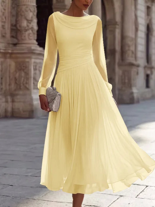 A-Line/Princess Boat Neck Chiffon Cocktail Dresses Long Sleeves Tea-Length Pleated Little White Dresses Ruched Party Dresses