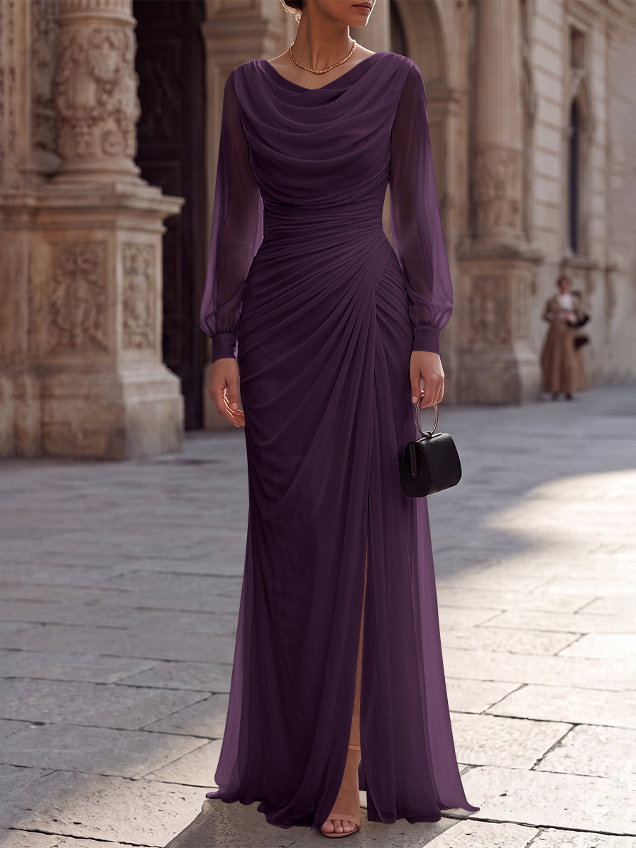 A-Line/Princess Cowl Neck Chiffon Evening Dresses with Split Side Floor-Length Long Sleeves Ruched Formal Dresses