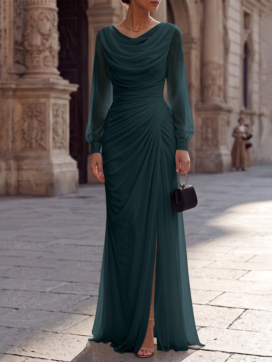 A-Line/Princess Cowl Neck Chiffon Evening Dresses with Split Side Floor-Length Long Sleeves Ruched Formal Dresses
