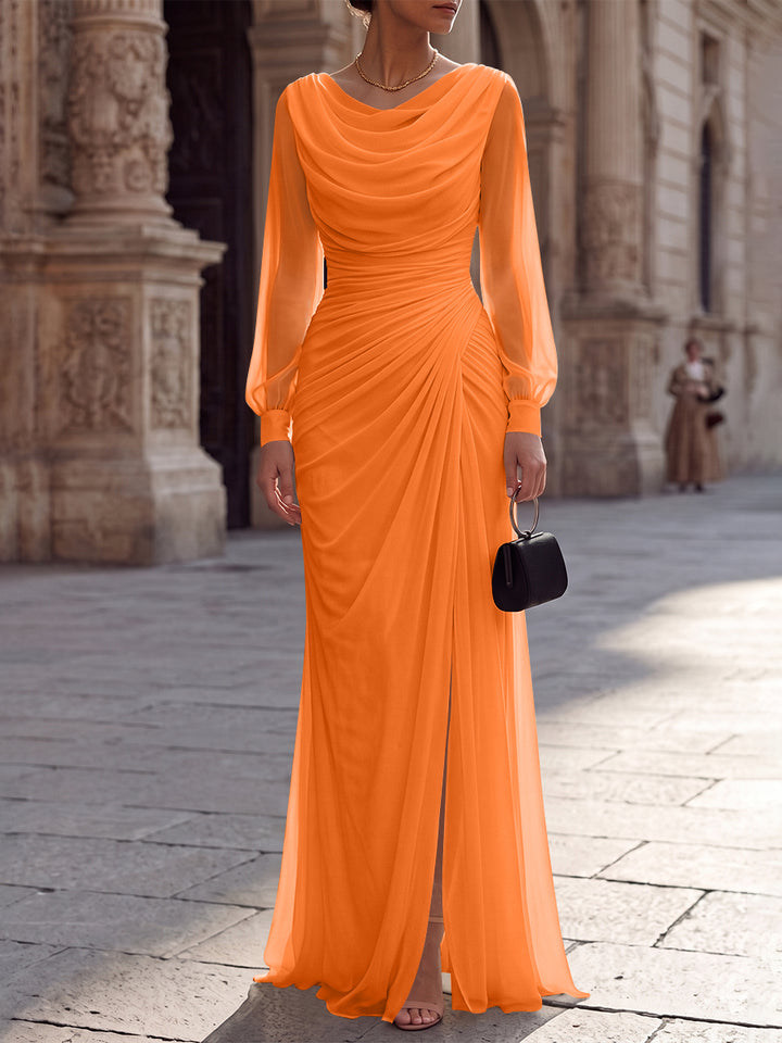 A-Line/Princess Cowl Neck Chiffon Evening Dresses with Split Side Floor-Length Long Sleeves Ruched Formal Dresses