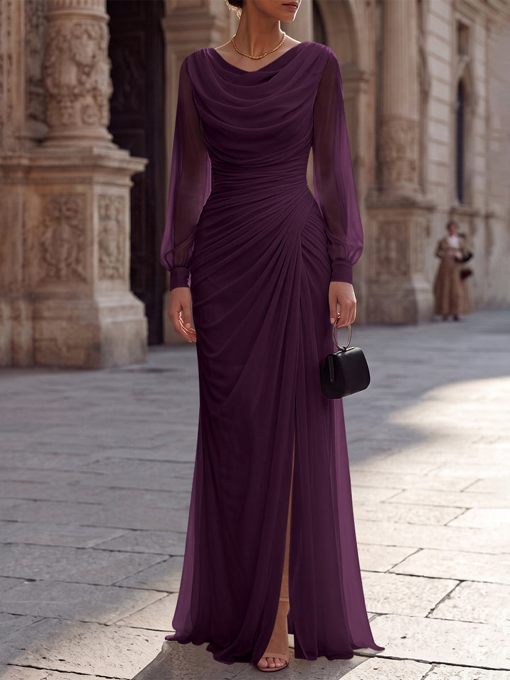 A-Line/Princess Cowl Neck Chiffon Evening Dresses with Split Side Floor-Length Long Sleeves Ruched Formal Dresses