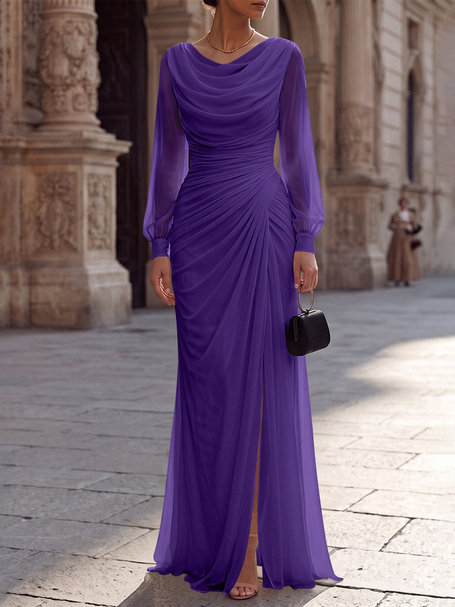 A-Line/Princess Cowl Neck Chiffon Evening Dresses with Split Side Floor-Length Long Sleeves Ruched Formal Dresses