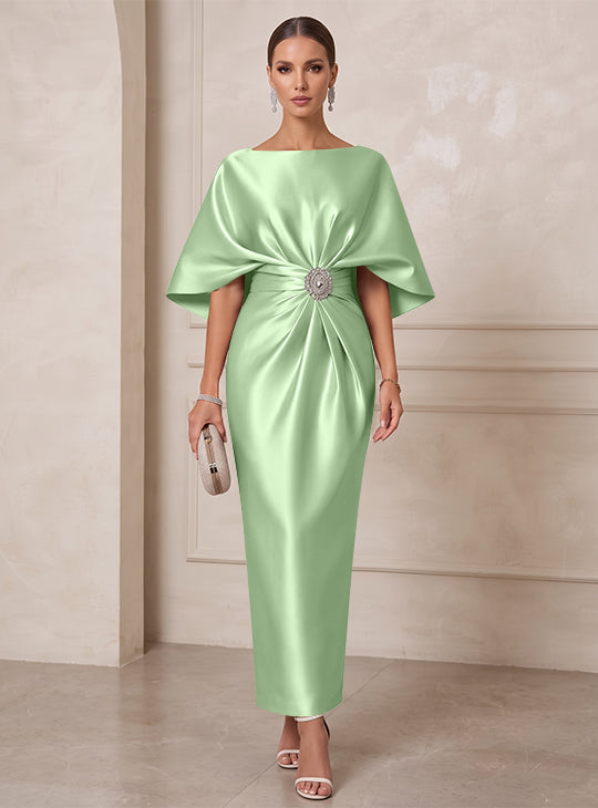 Sheath/Column Boat Neck Satin Cocktail Dresses with Sash Half Sleeves Ankle-Length Ruched Party Dresses
