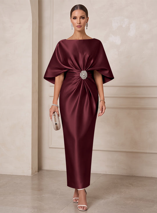 Sheath/Column Boat Neck Satin Cocktail Dresses with Sash Half Sleeves Ankle-Length Ruched Party Dresses