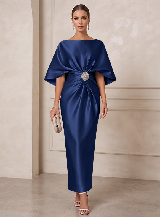 Sheath/Column Boat Neck Satin Cocktail Dresses with Sash Half Sleeves Ankle-Length Ruched Party Dresses