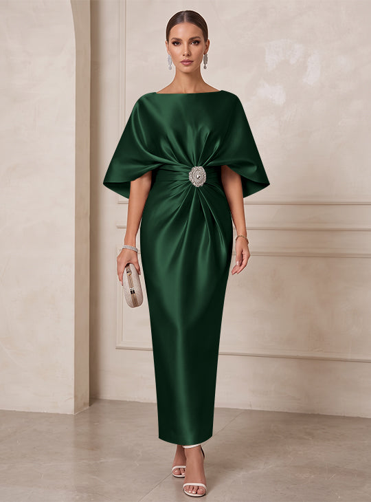 Sheath/Column Boat Neck Satin Cocktail Dresses with Sash Half Sleeves Ankle-Length Ruched Party Dresses