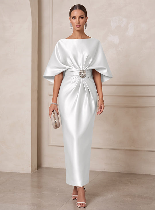 Sheath/Column Boat Neck Satin Cocktail Dresses with Sash Half Sleeves Ankle-Length Ruched Party Dresses