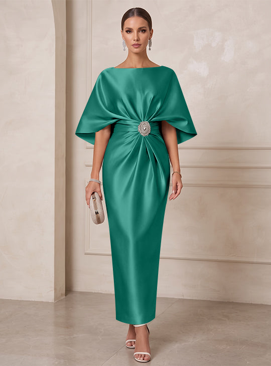 Sheath/Column Boat Neck Satin Cocktail Dresses with Sash Half Sleeves Ankle-Length Ruched Party Dresses