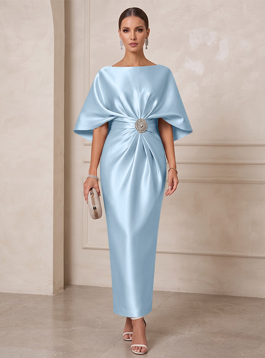 Sheath/Column Boat Neck Satin Cocktail Dresses with Sash Half Sleeves Ankle-Length Ruched Party Dresses