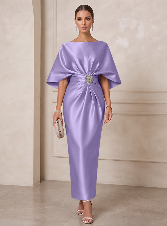 Sheath/Column Boat Neck Satin Cocktail Dresses with Sash Half Sleeves Ankle-Length Ruched Party Dresses