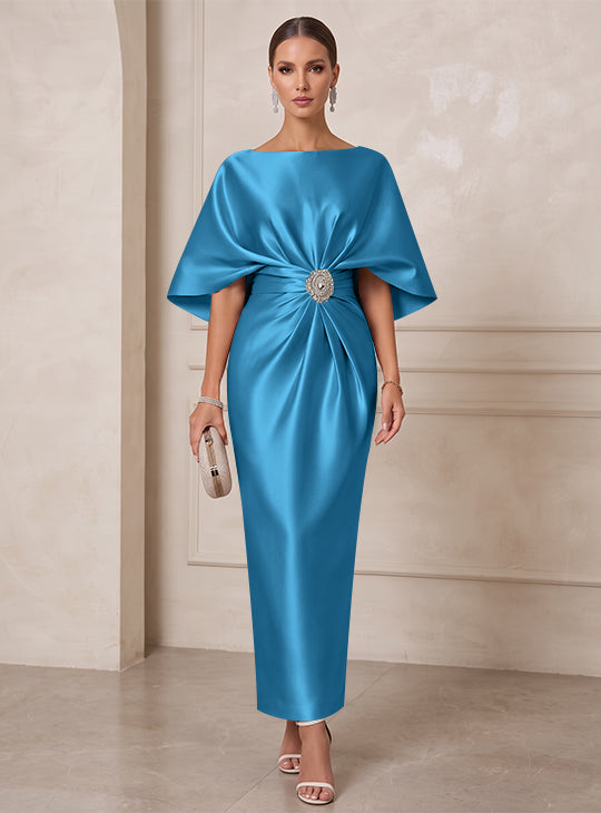 Sheath/Column Boat Neck Satin Cocktail Dresses with Sash Half Sleeves Ankle-Length Ruched Party Dresses