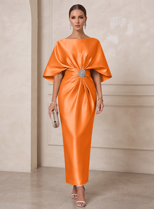 Sheath/Column Boat Neck Satin Cocktail Dresses with Sash Half Sleeves Ankle-Length Ruched Party Dresses