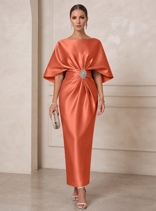 Sheath/Column Boat Neck Satin Cocktail Dresses with Sash Half Sleeves Ankle-Length Ruched Party Dresses