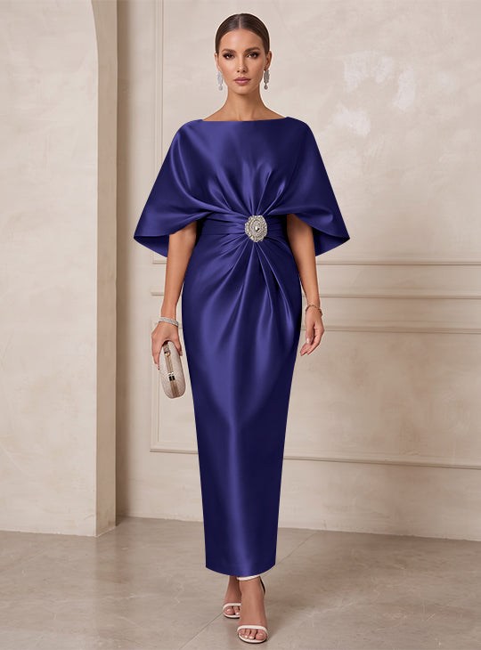 Sheath/Column Boat Neck Satin Cocktail Dresses with Sash Half Sleeves Ankle-Length Ruched Party Dresses