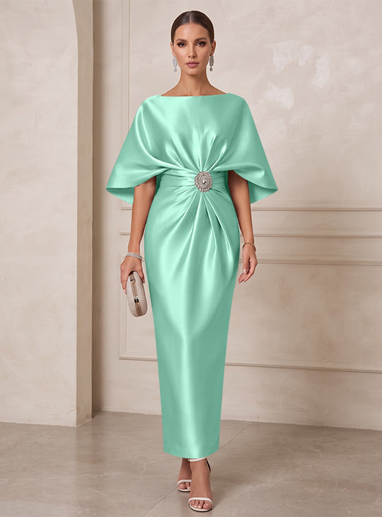 Sheath/Column Boat Neck Satin Cocktail Dresses with Sash Half Sleeves Ankle-Length Ruched Party Dresses