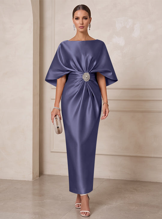 Sheath/Column Boat Neck Satin Cocktail Dresses with Sash Half Sleeves Ankle-Length Ruched Party Dresses