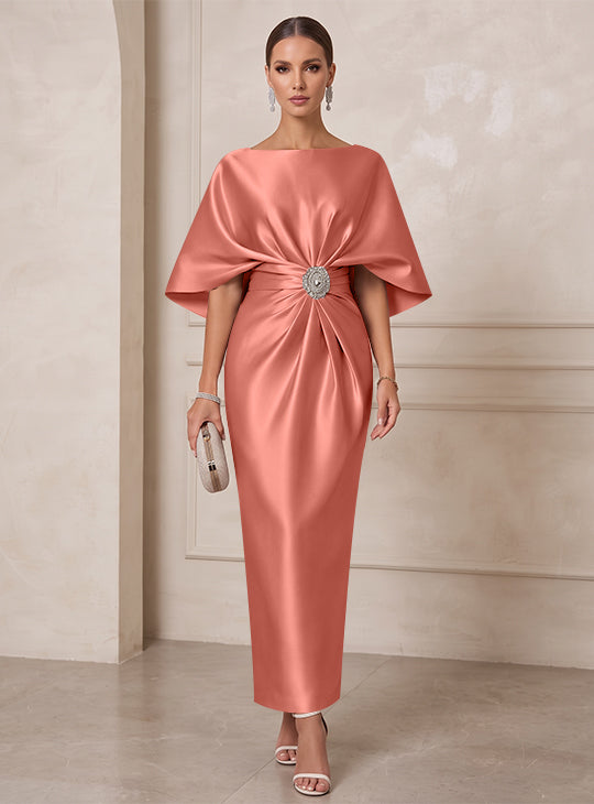Sheath/Column Boat Neck Satin Cocktail Dresses with Sash Half Sleeves Ankle-Length Ruched Party Dresses