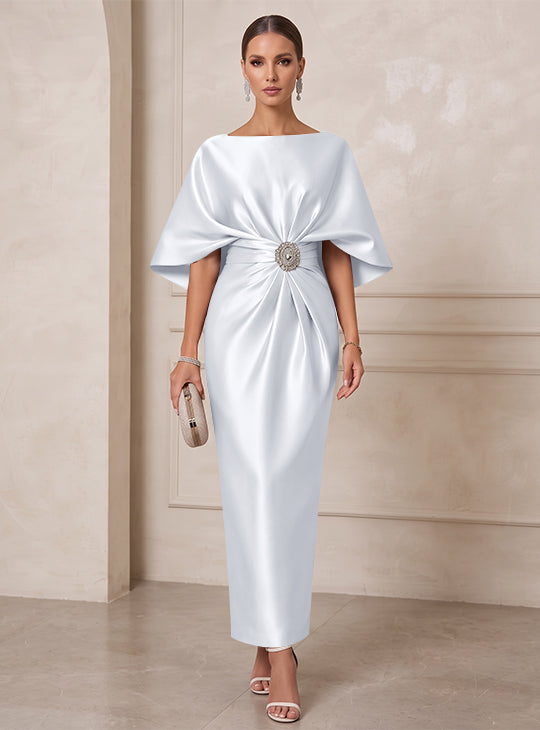 Sheath/Column Boat Neck Satin Cocktail Dresses with Sash Half Sleeves Ankle-Length Ruched Party Dresses